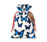 Many Blue Butterfly Print Drawstring Present Bag,Reusable Fabric Sack With Kraft Paper Hang Tag