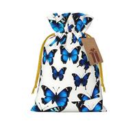 Many Blue Butterfly Print Drawstring Present Bag,Reusable Fabric Sack With Kraft Paper Hang Tag