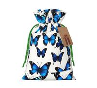 Many Blue Butterfly Print Drawstring Present Bag,Reusable Fabric Sack With Kraft Paper Hang Tag