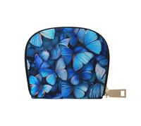 Many Blue butterfly Printed Leather Half Circle Card Wallet Zipper Card Case Holder, Compact Stylish for Men and Women