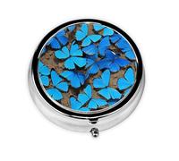 (Many Blue Butterfly) Round Pill Box with 3 Compartments Small Portable Pill Organizer for Travel