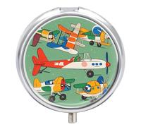 Many Cartoon Small Airplanes Pill Organizer 3 Compartments, Round Small Pill Box for Purse & Pocket, Portable Daily Medicine Box to Hold Vitamins, Supplements, Pills, Fish Oil