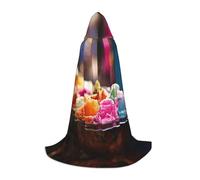 Many Colored Ice Cream Print Hooded Cloak for Women Men Robes Medieval Costume Cape for Halloween Masquerade Cosplay, Black, S