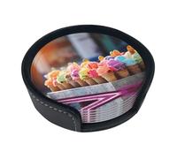 Many Colored Ice Cream Print Leather Coasters Set Of 6 Round Shaped Drinks Coasters With Holder For Home Office Bar