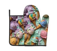 Many Colored Ice Cream Print Oven Mitt & Pot Holder Set, A Must-Have for Kitchen Oven Microwave Grill