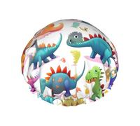 Many Colorful cartoon Dinosaurs Printed Reusable Bathing Cap, Dual Layer Hair Cover For Long Thick Hair, 10.6in Headgear