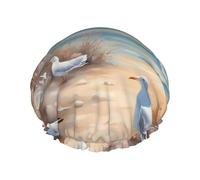 Many cute seagulls Printed shower cap, reusable, specially designed for women's long hair, double-layer structure, suitable for bathing.