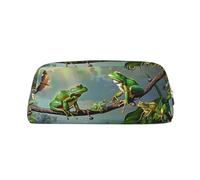 Many Frogs Sing on The Branches Butterflies Print Leather Pencil Case with Gold Zipper, Multi-Use Cosmetic & Stationery Organizer, Waterproof Desk Storage Pouch for School, Office & Travel Gifts