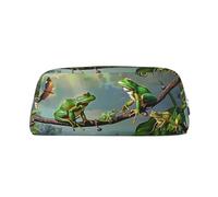 Many Frogs Sing on The Branches Butterflies Print Leather Pencil Case with Silver Zipper, Multi-Use Cosmetic & Stationery Organizer, Waterproof Desk Storage Pouch for School, Office & Travel Gifts