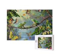 Many Frogs Sing on The Branches Butterflies Printed 300 Pieces Jigsaw Puzzle with Storage Box, Wooden Puzzle for Adults and Kids, Family Fun Decorative Game, 40x28 CM