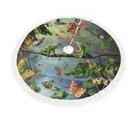 Many Frogs Sing on The Branches Butterflies Printed Christmas Tree Skirt 48 inch with Tassel Tree Base Cover for Xmas Tree Christmas Decorations