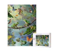Many Frogs Sing on The Branches Butterflies Printed Jigsaw Puzzle with Storage Box, Wooden Puzzle for Adults and Kids, 300 Pieces Family Fun Decorative Game, 28x40 CM