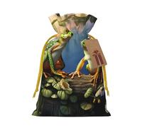 Many Frogs Sing on The Branches Christmas Gift Bags with Tags & Ribbon Ties, Xmas Drawstring Candy Treat Bag Christmas Gifts Sacks Reusable Gift Wrapping Bags for Holiday Party Favors Medium