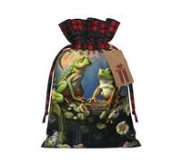 Many Frogs Sing on The Branches Christmas Gift Bags with Tags & Ribbon Ties, Xmas Drawstring Candy Treat Bag Buffalo Plaid Christmas Gifts Sacks Reusable Gift Wrapping Bags for Holiday Party Favors