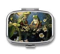 Many Frogs Sing on The Branches Pill Box 2 Compartment Small Pill Case for Purse Or Pocket Mini Metal Pillcase Medicine Organizer, Square Daily Medicine Container to Hold Vitamins, Fish Oil