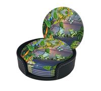 Many Frogs Sing On The Branches Print Round Leather Coasters - Set Of 6, Ultra-Fiber Pu Leather