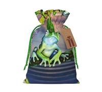 Many Frogs Sing on The Branches Printed Christmas Drawstring Bags with Green Christmas Ribbon - Reusable Burlap Drawstring Gift Pouches, S
