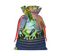 Many Frogs Sing on The Branches Printed Christmas Drawstring Bags with Red Ribbon - Reusable Burlap Drawstring Gift Pouches, M