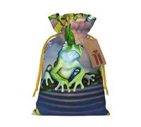 Many Frogs Sing on The Branches Printed Christmas Drawstring Bags with Yellow Christmas Ribbon - Reusable Burlap Drawstring Gift Pouches, M