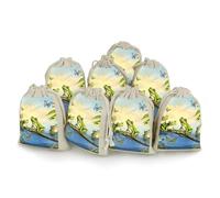 Many Frogs Sing on The Branches Summer Butterflies Lake Water Gift Pouches 8PCS Portable Small Drawstring Storage Bags Pouches Reusable Cotton Linen Bunches Pocket For Wedding, Travel, Office, Workout