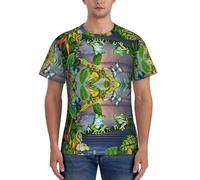 Many Frogs Sing On The Branches Summer Butterflies Lake Water Print Men's Polyester Crewneck T-Shirts Short Sleeve Tee Casual Tshirts, Crew Neck T Shirt for Running Black