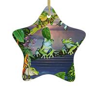 Many Frogs Sing On The Branches Summer Butterflies Lake Water Printing Christmas Tree Ornaments Style, Ceramic Star With String For Decor, Verse Ceramic Star Ornament