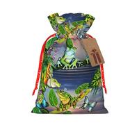 Many Frogs Sing On The Branches Summer Butterflies Lake Water Printing Drawstring Christmas Bag With Kraft Tag 4.7x6.9 Inch For Halloween Wrapping Gifts