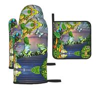 Many Frogs Sing On The Branches Summer Butterflies Lake Water Printing Oven Mitts And Pot Holders 3pcs Set,Kitchen Oven Glove High Heat Resistant For Kitchen Cooking