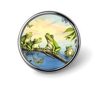 Many Frogs Sing on The Branches Summer Butterflies Lake Water Round Badge Cute Enamel Lapel Pin Brooches Button Pin Personalized Clothing Decoration Unisex Badge Holder Hats Bags Shirts Decor