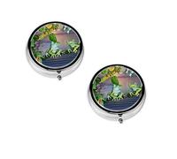 (Many Frogs Sing on The Branches Summer Butterflies Lake Water) Round Pill Box with 3 Compartment Small Pill Organizer Portable Pill Case Vitamin Containers, Travel Essentials 4.6x4.6x1.8 cm