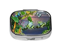 (Many Frogs Sing on The Branches Summer Butterflies Lake Water) Square Pill Box with 2 Compartment Small Pill Organizer Portable Pill Case Vitamin Containers, Travel Essentials 5.5x4x1.8 cm