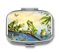 Many Frogs Sing on The Branches Summer Butterflies Lake WaterPill Organizer with Mirror, 2 Compartment Metal Travel Pill Case, Weekly Medicine Container for Daily Meds, Compact & Artistic Design for P