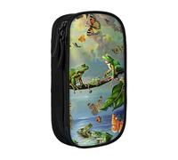 Many Frogs Sing on The Branches Summer Butterflies Print Pencil Case, Large Capacity 2 Compartment Dual Zips Pouch, Aesthetic Pencil case Stationery Organizer for Boys Girls Supplies Makeup Bag, Black