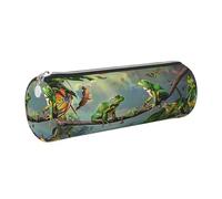 Many Frogs Sing on The Branches Summer Butterflies Printed Leather Pencil Case Cute Stationery Organizer Round Makeup Bag Pen Pouch, Silver Zipper