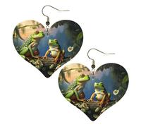 Many Frogs Sing on The Branches Women's Leather Earrings Heart Hook Earring Lightweight Dangle Drop for Women Jewelry, One Size, No Gemstone