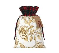 Many Golden Flowers -Print Multi-Colored Burlap Drawstring Bags, Eco-Friendly Plaid Pouches For Wedding Party Favors & Custom Packaging. S