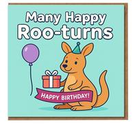 Many Happy Roo-turns Kangaroo Birthday Card - Cute Pun with Party Hat, Balloon and Present - Fun Animal Birthday Pun Card