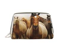 Many Horses Makeup Bag for Women Cosmetic Bags Leather Travel Makeup Case Organizer Waterproof Make up Pouch Open Flat Toiletry Bag Portable Storage Pouch for Travelling, Gold, One Size