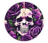 Many Purple Rose Skull Christmas Tree Skirt With Velvet Ball, 48 Inches Suitable For Christmas Tree Decoration.