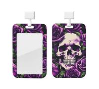 Many Purple Rose Skull Print Card ID Badge Holder with Breakaway Lanyard,for Doctor Teacher Nurse Staff Office