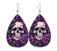 many Purple Rose Skull Print Leather Dangle Earrings - Lightweight Teardrop Costume Earrings for Parties, Valentine's Day