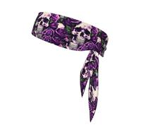 Many Purple Rose Skull Print Sports Tie Headband,Adjustable Unisex Sport Sweatband for Running,Tennis,Workout