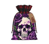Many Purple Rose Skull Printing Color Matching Plaid Christmas Bag With Drawstring For Christmas Birthdays Party,4.7x6.9 Inch