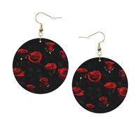 Many Red Rose Black Background Trendy Leather Earrings For Women Dangle 1 Pair Lightweight Printed Piercing Earrings Jewelry Gifts For Women Girls