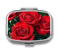 Many Red Rose Pill Box 2 Compartment - Small Metal Medicine Organizer Portable Pill Case for Purse Pocket Travel Vitamin Organizer for Men Women, BPA-Free