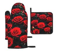 Many Red Rose Print Oven Kitchen Gloves Holiday Baking Grilling Microwaving Daily Home Restaurant Use