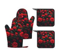 many red rose print Printed Kitchen Set with Heat Resistant Oven Gloves & Non-Slip Pot Holders for Daily Cooking
