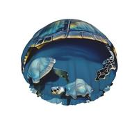 many Sea Turtle-Blue Printed Reusable Bathing Cap, Dual Layer Hair Cover For Long Thick Hair, 10.6in Headgear