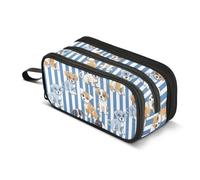 Many Silly Cute Cartoon Puppies on Blue and White Striped Background Pencil Case for Boys Girls, Large Capacity Pen Bag 3 Compartment Pencil Pouch Stationery Organizer Marker Case for School Office Wo