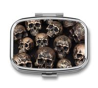 Many Skulls Get Together Pill Box 2 Compartments Portable Travel Pill Case Mini Medicine Organizer for Pocket Purse Metal Waterproof Medicine Container Holder Vitamin Fish Oil